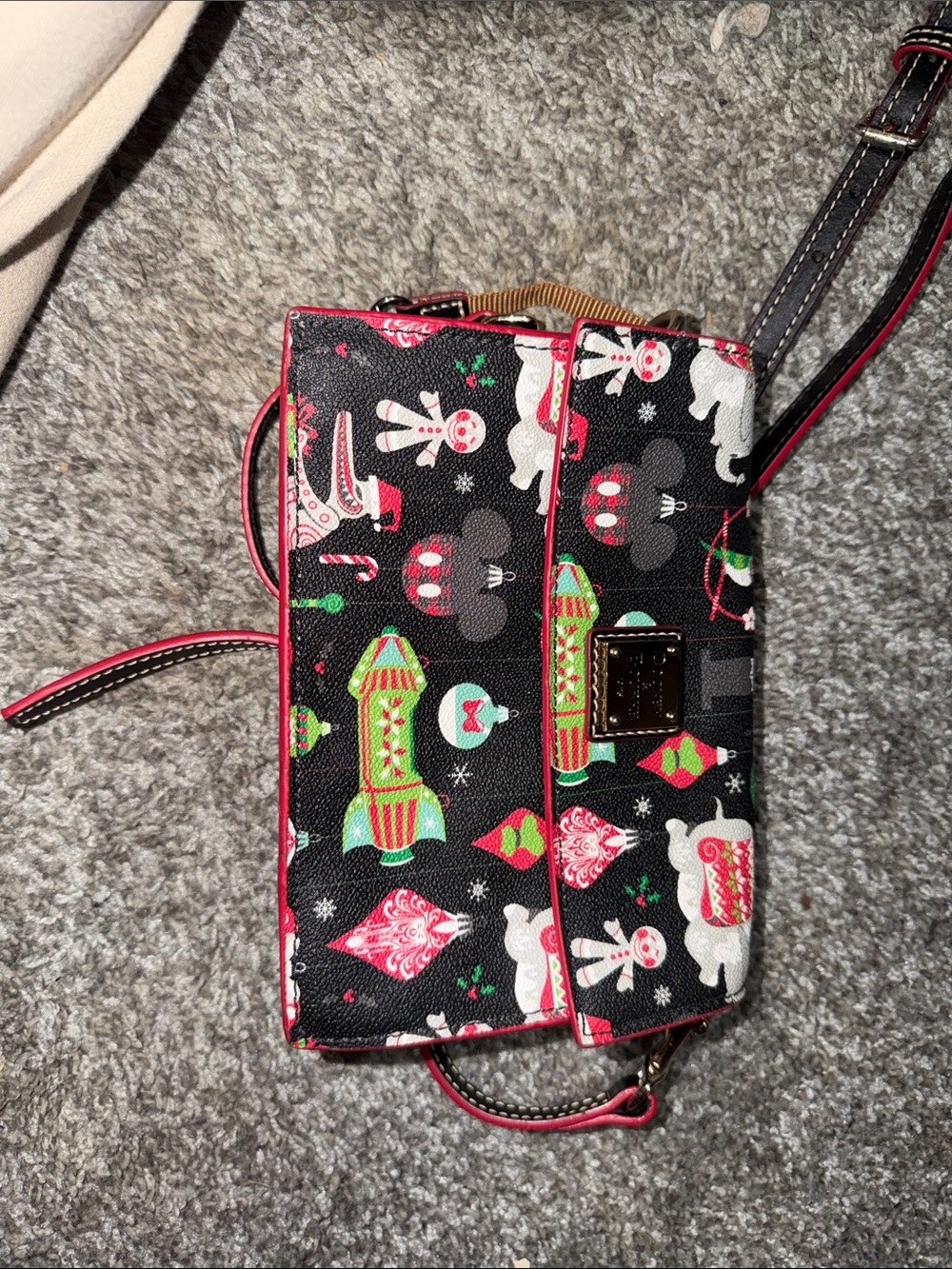 Dooney & Bourke Black Crossbody Bag with Pink Trim and Holiday Print